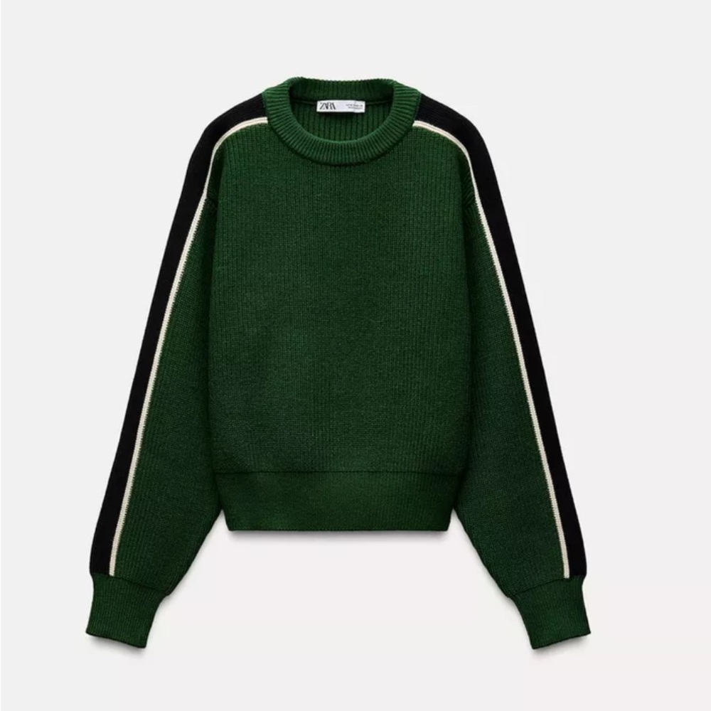 Zara emerald green knit sweater with side stripe, size Medium